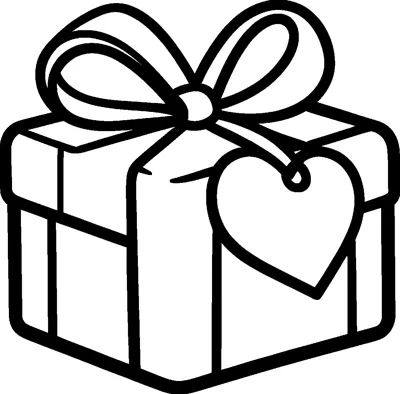 A wrapped square gift box with a ribbon, a big loopy bow on top and a heart-shaped tag hanging from the bow.