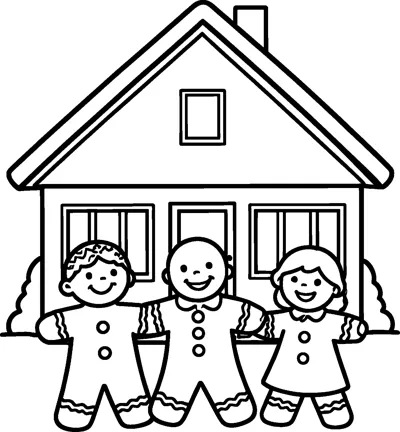 Three gingerbread people, two boys and a girl in a skirt, stand smiling in front of a house with a chimney and windows.