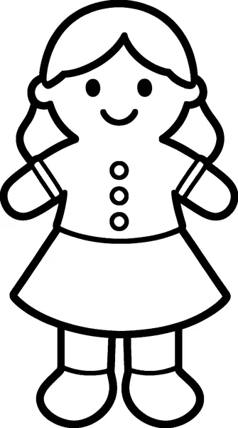 A smiling gingerbread girl with hair, three round buttons, a flared skirt and icing lines on her arms and legs.
