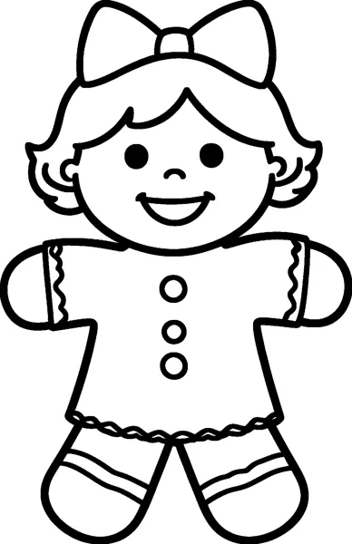 A smiling gingerbread girl with curly hair, a big bow, three buttons and wavy icing on her sleeves and legs.