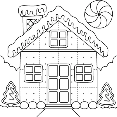 A gingerbread house with icing roof, windows, door and small trees, under the words Merry Christmas.