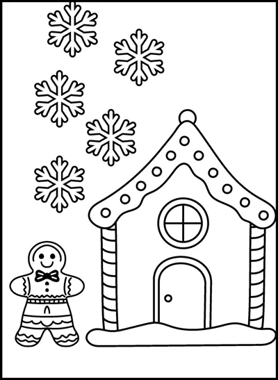 A gingerbread man stands beside a gingerbread house with icing trim while large snowflakes fall.