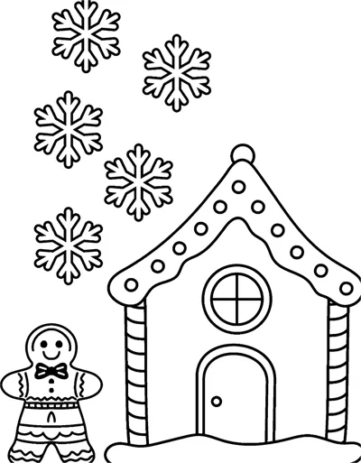 A gingerbread man stands beside a gingerbread house with icing trim while large snowflakes fall.