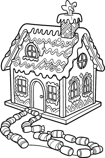 A detailed gingerbread house with icing swirls on the roof, decorated windows and a winding path made of wrapped sweets.