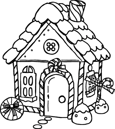 A gingerbread house with an iced roof, striped chimney, candy cane doorway, peppermint and gumdrops outside.