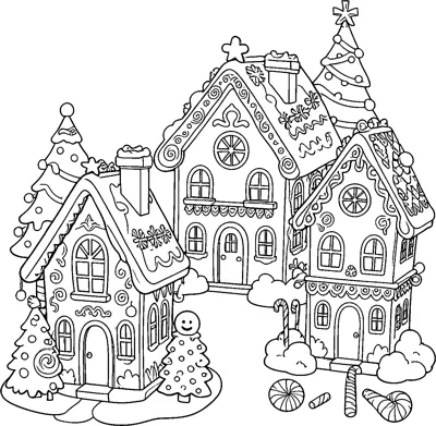 Three iced gingerbread houses stand among small trees, a gingerbread man and scattered sweets.