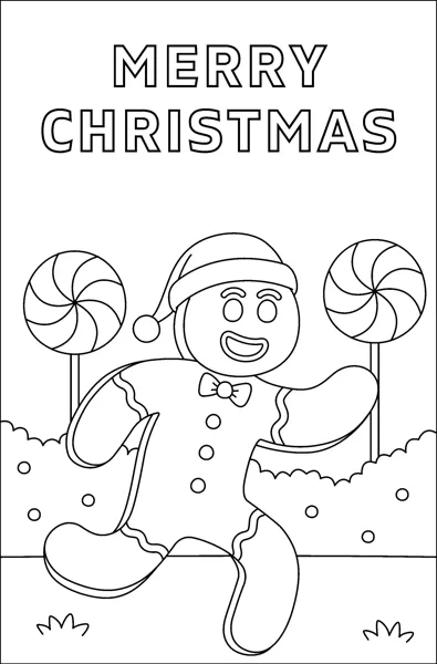 A gingerbread man in a Santa hat runs between two swirl lollipops under the words Merry Christmas.