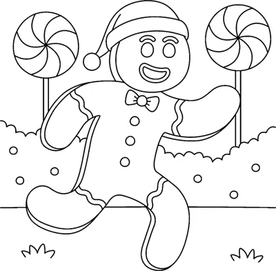 A gingerbread man in a Santa hat runs between two swirl lollipops under the words Merry Christmas.