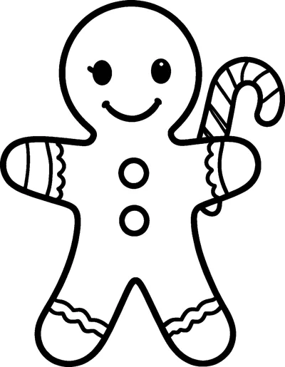 A smiling gingerbread man with two buttons and wavy icing on his arms and legs holds a striped candy cane.