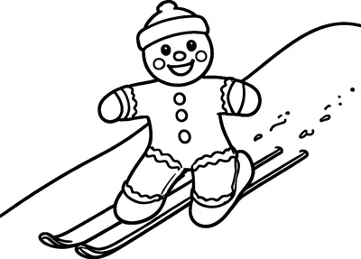 A smiling gingerbread man in a bobble hat skis down a snowy slope, with wavy icing on his arms and legs.