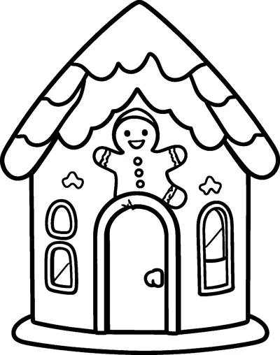 A gingerbread man waves from above the arched door of a gingerbread house with a snowy icing roof and small windows.