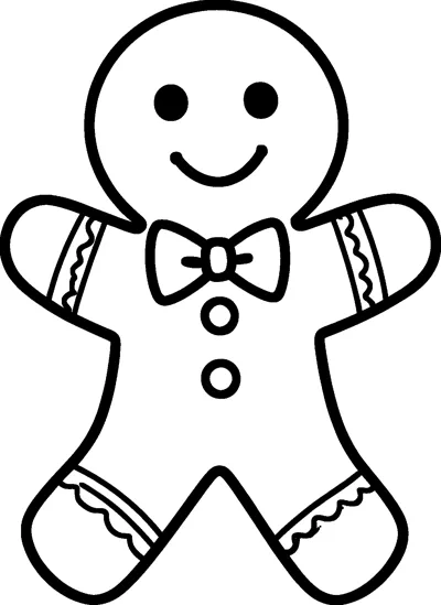 A smiling gingerbread man with a bow tie at his neck, two round buttons and wavy icing on his arms and legs.
