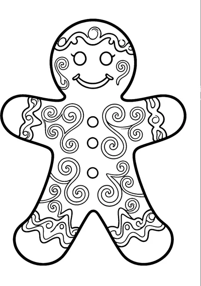 A large gingerbread man covered in swirling icing patterns, wavy trims and three round buttons.