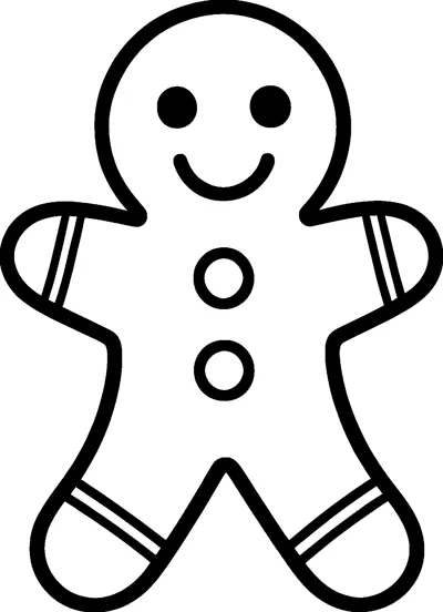 A simple smiling gingerbread man with two round buttons and icing stripes on his arms and legs.