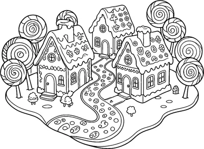 Three gingerbread houses with icing roofs, a winding candy path and swirly lollipop trees on a snowy island.
