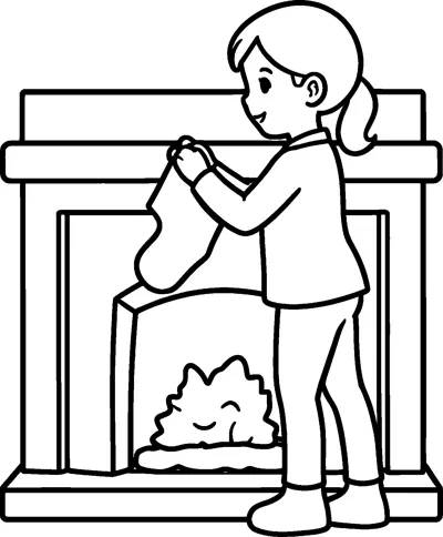 A girl with a ponytail reaching up to hang a Christmas stocking on the mantel of a fireplace with a fire burning inside.