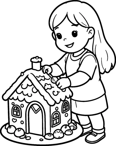A long-haired girl in a dress pipes icing onto the roof of a gingerbread house decorated with sweets, standing on a round board.