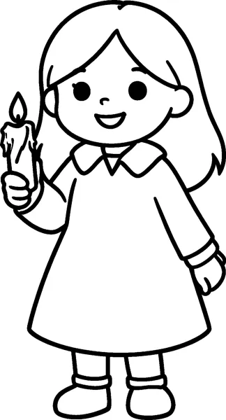 A long-haired girl in a dress with a rounded collar smiles and holds up a lit candle in one hand.