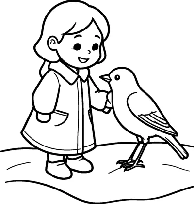A smiling girl in a long buttoned coat and boots bends to feed a large robin standing on the snow beside her.