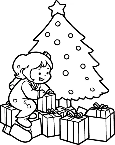 A smiling girl in pyjamas kneels by a pile of wrapped presents and reaches for one under a decorated Christmas tree.