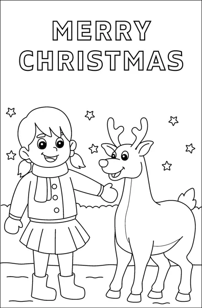 A girl in a winter coat and scarf pats a smiling reindeer under the words Merry Christmas.