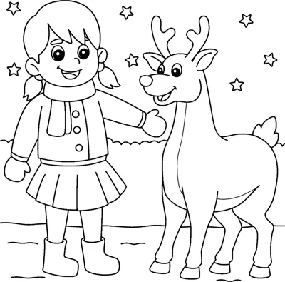 A girl in a winter coat and scarf pats a smiling reindeer under the words Merry Christmas.