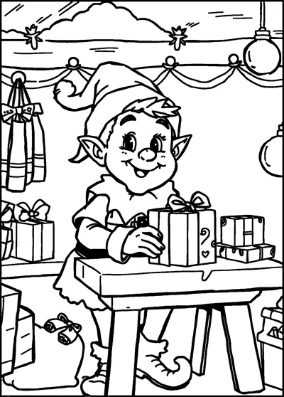 A smiling elf in a pointed hat tying a bow on a present at a wooden workbench with garlands above.