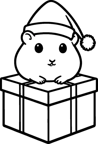 A round hamster wearing a pointed Santa hat with a pompom sits on top of a wrapped gift box with ribbon.