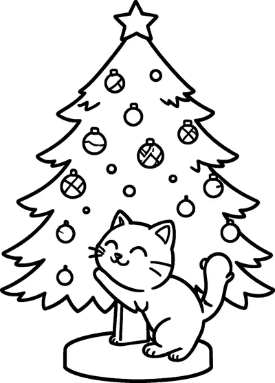 A happy cat with closed eyes hugs the trunk of a Christmas tree hung with round baubles.