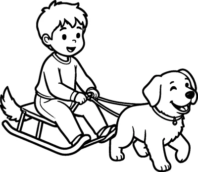 A smiling boy sits on a wooden sled holding the reins while a happy fluffy dog with a collar pulls him along.
