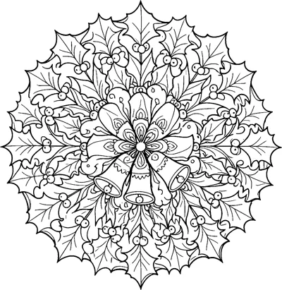 A round mandala of spiky holly leaves and berry clusters, with Christmas bells around a flower at the centre.