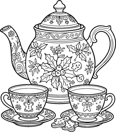 A large patterned teapot decorated with holly and gingerbread figures, with two matching teacups on saucers and two gingerbread cookies.