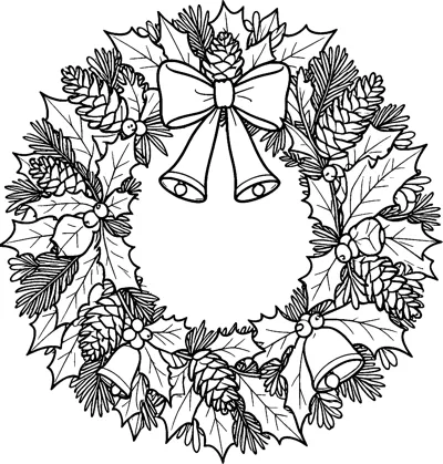 A round wreath of holly leaves, pine sprigs and pinecones with a big bow and two bells at the top.