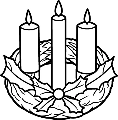 Three tall lit candles stand in a round wreath decorated with holly leaves, berries and a bow at the front.