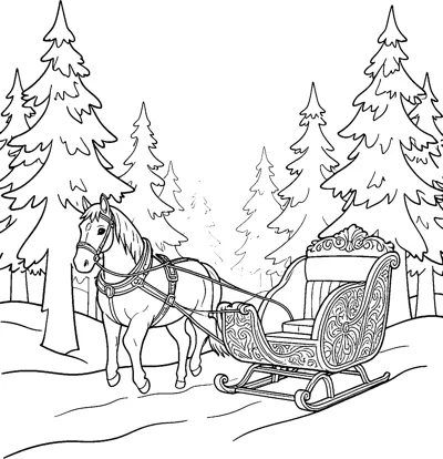 A horse in harness pulling an ornate swirl-patterned sleigh along a snowy track between tall pine trees.