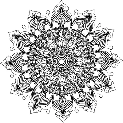 A round medallion mandala made of layered petals, buds and curls around a ringed center.