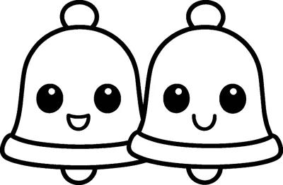 A pair of kawaii Christmas bells with big eyes and happy smiles stand side by side, each with a loop and clapper.