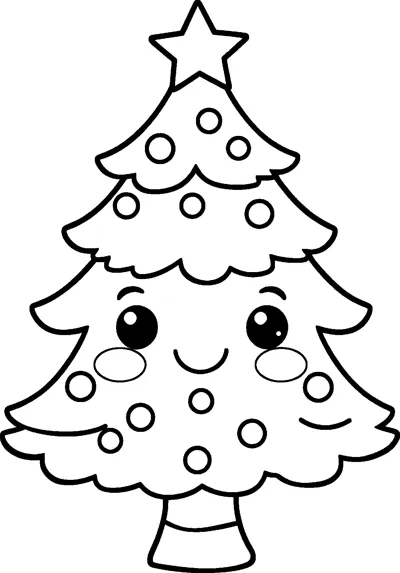 A smiling kawaii Christmas tree with big eyes, rosy cheeks, round baubles and a star on top.