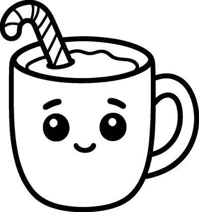 A smiling mug of hot cocoa with a frothy top has a striped candy cane dipped into it.