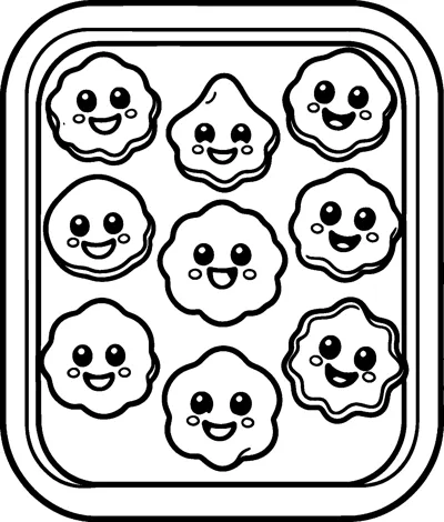 A baking tray filled with eight kawaii cookies, each with big eyes and a different happy smile.