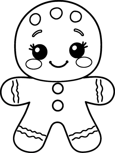 A kawaii gingerbread cookie with big sparkly eyes, rosy cheeks, two buttons and wavy icing.