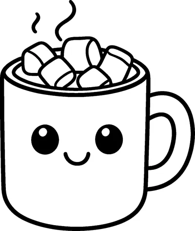 A kawaii mug of hot chocolate with a smiling face, a pile of marshmallows on top and wisps of steam rising.