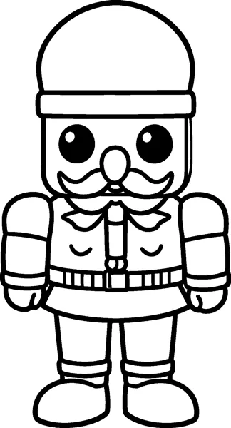 A kawaii nutcracker toy soldier with big round eyes, a curly moustache, a tall hat and a belted jacket.