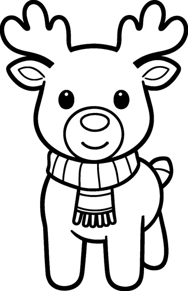 A cute cartoon reindeer with big antlers, a round nose and a striped scarf.