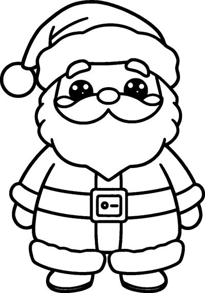 A short, round kawaii Santa with big eyes, a fluffy beard, a pom-pom hat and a belted suit.