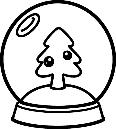 A kawaii snow globe with a cute Christmas tree with big eyes standing inside on a snowy mound.