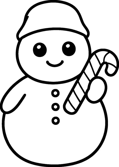 A smiling kawaii snowman in a woolly hat holds a big striped candy cane in one mitten.