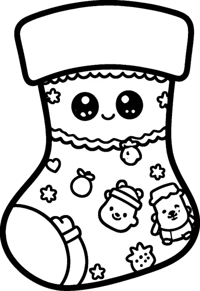 A smiling Christmas stocking with a fluffy cuff is decorated with teddy bears, stars and little treats.