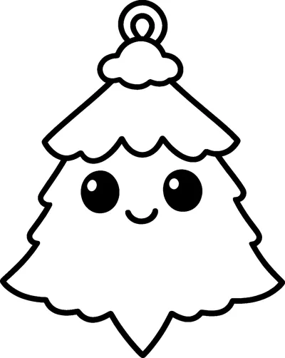 A kawaii Christmas tree shaped ornament with big eyes, a little smile and a hanging loop at the top.