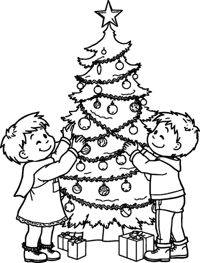 A girl and a boy hang baubles on a tall tinsel-wrapped Christmas tree with presents underneath.